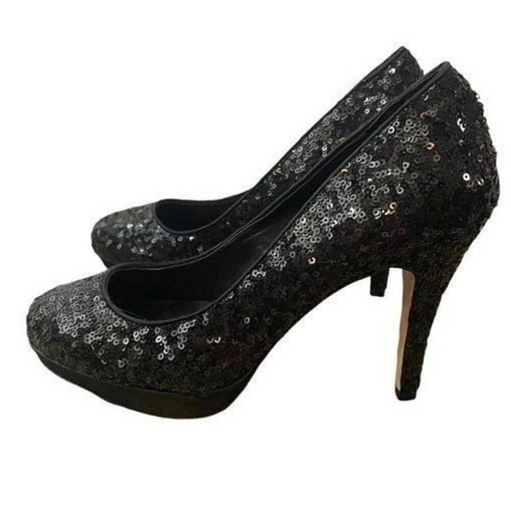 WHITE HOUSE BLACK MARKET Sequin Black Stiletto Pump Heels Leather size 9.5